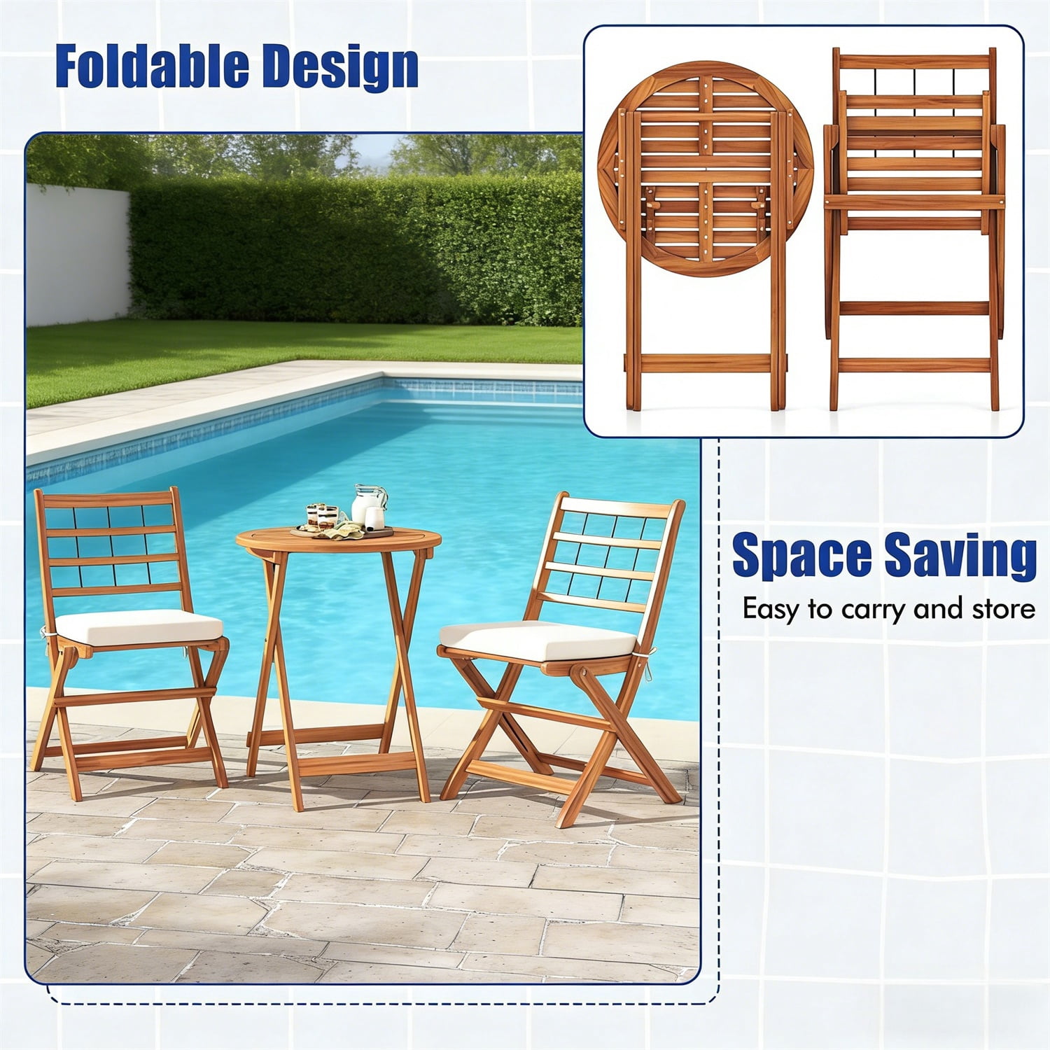 Hommoo 3 Pcs Acacia Wood Patio Bistro Set, Outdoor Folding Table and Chair Set with White Cushions