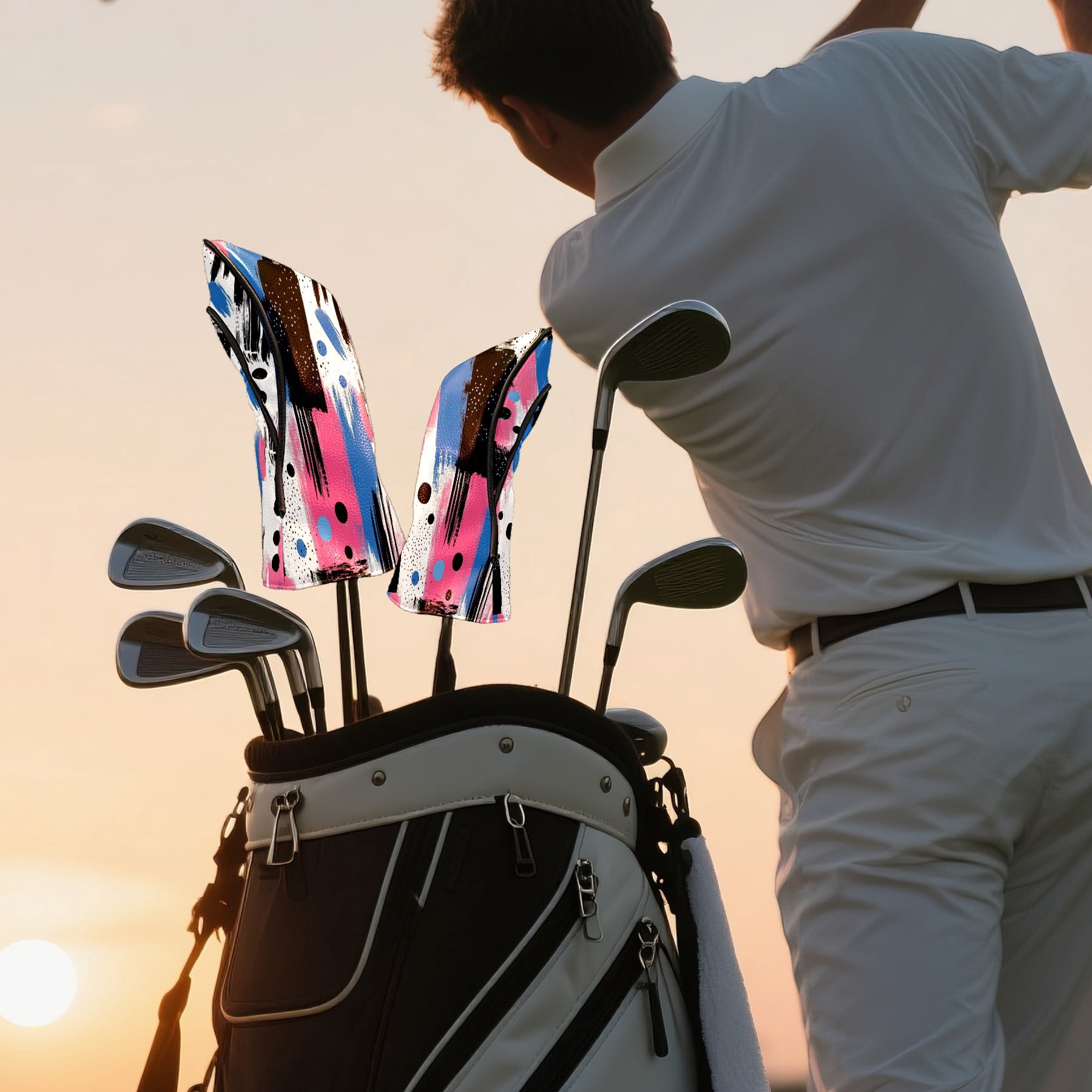 Golf Club Covers PU Leather Waterproof Head Covers for Fairway Woods Hybrids Hand-drawn Graphics