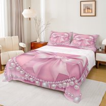 Manfei Kids Children Cartoon Ribbon Bow-Tie Twin Sheet Sets 3pcs,Dreamy Pearl Twin Fitted Sheet Microfiber,Pink White Breathable Flat Sheet,Breathable Home Decor