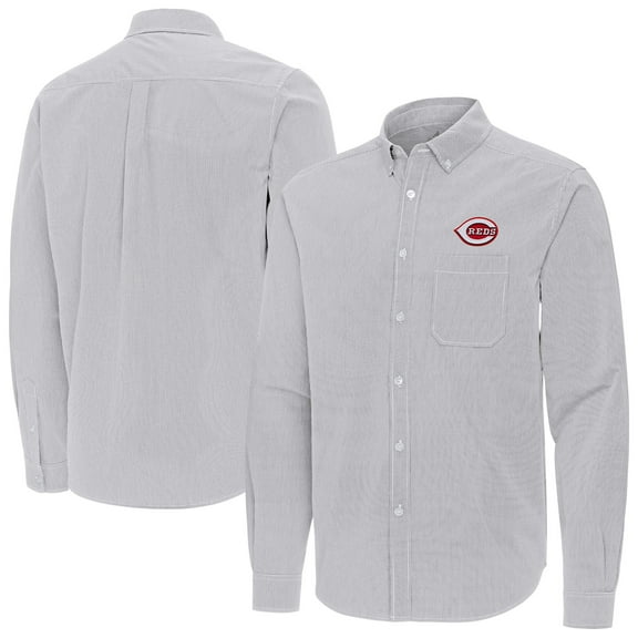 Men's Antigua Gray Cincinnati Reds Porter Woven Long Sleeve Button-Down Shirt
