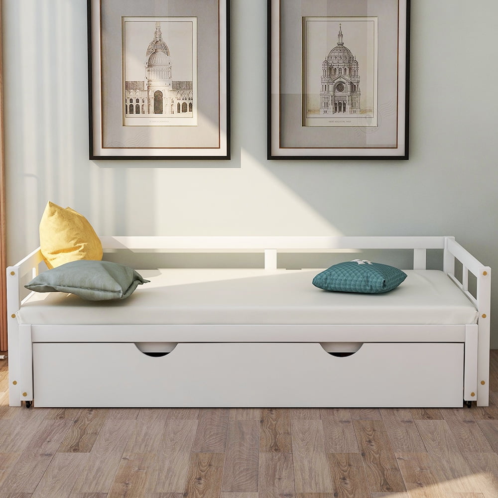 Kepooman Pine Wood with Trundle Daybed, Twin, White Kepooman Pine Wood with Trundle Daybed, Twin, White