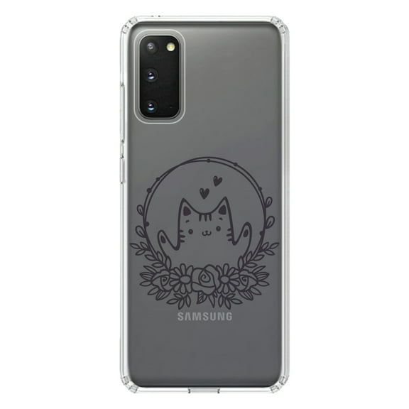 DistinctInk Clear Shockproof Hybrid Case for Galaxy S20 ULTRA / 5G (6.9" Screen) - TPU Bumper Acrylic Back Tempered Glass Screen Protector - Valentine Cat - Wreath Hearts