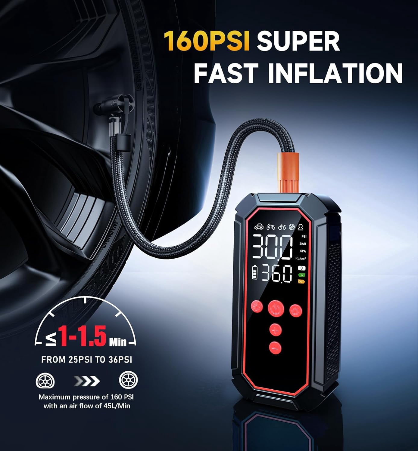 Jump Starter with Air Compressor 4000A Peak, Car Battery Jump Starter Portable (All Gas/10L Diesel),160PSI 12V Automobile Jump Box Pack Chargers with Jumper Cables 4-Mode LED Lights