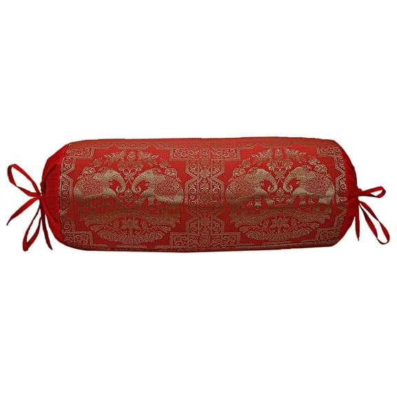 Stylo Culture Indian Polydupion Decorative Bolster Pillow Cover For Yoga Red Gold Elephant Cylindrical Brocade Silk Jacquard Neck Roll Home Decor Tubular Bolster Case | (1 Pc) | (76x38 cm)