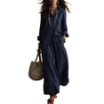 thumbnail image 2 of BRELIL Women Plus Size Two Piece Outfits Sets Long Sleeve Collared Button Shirt Wide Leg Pants Casual Lounge Set Solid Boho Vacation Travel Matching Tracksuit, Navy M, 2 of 5