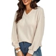 thumbnail image 1 of Sudadera de mujer, Sudadera holgada de manga larga con cuello en V para mujer, jerséis informales Abody Beige/Extragrande, 1 of 7