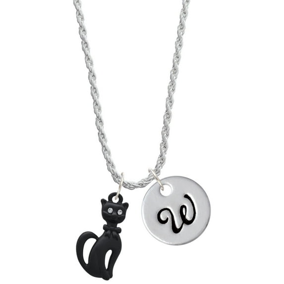 Delight Jewelry Tall Sitting Matte Black Cat Silvertone Script Initial Disc - W - Charm Necklace, 20"+3"
