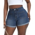 thumbnail image 3 of Gocolloa Women Plus Size Jean Shorts Stretchy 3.5" Sexy Trendy Patch Pocket High Waisted Denim Shorts Royal Blue 22W, 3 of 6