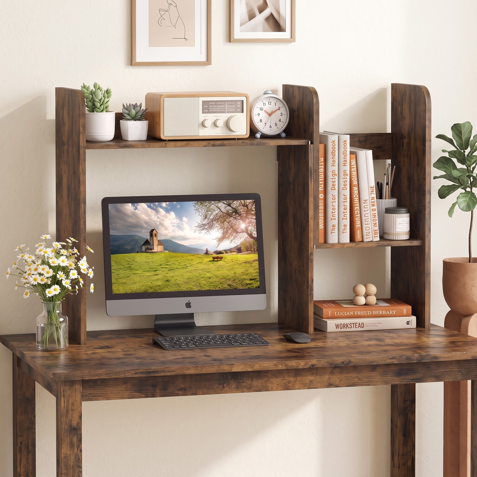 Furnibear Expandable Desk Bookshelf with Open Cubes, Desktop Display Rack Organizer for Monitor Riser Stand, Wood Small Bookcase Shelf for Home Office, Rustic Brown