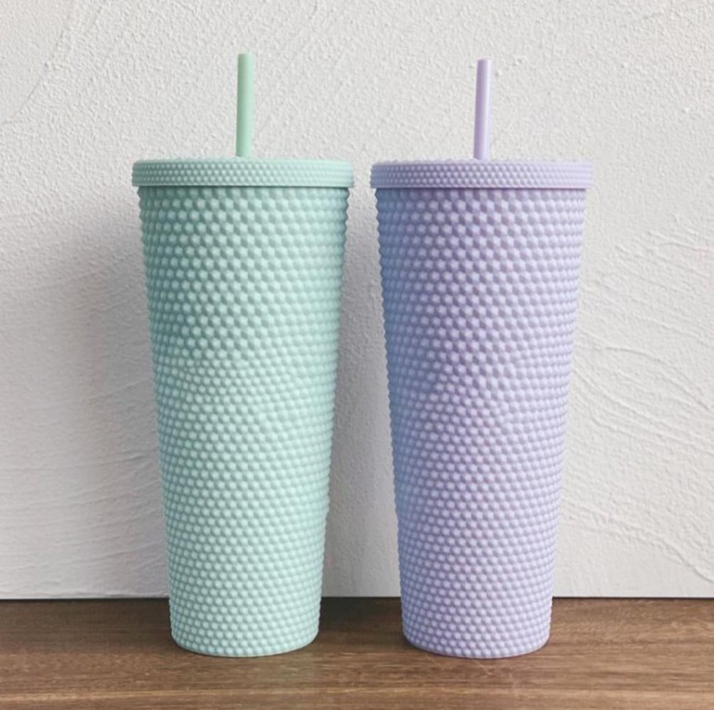 Matte Studded Double Wall Water Tumbler with Straw and Leak Proof Lid,  Happon 24 oz Reusable Plastic Iced Coffee Custom Cup Personalized (Antique  White) 
