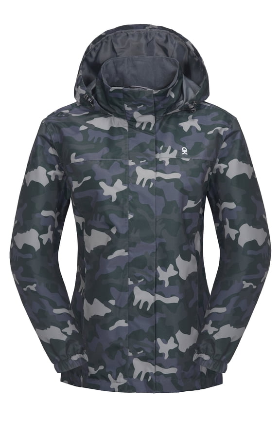 Waterproof Rain Jacket for Women, UV Protection Lightweight Hooded Raincoat for Hiking, Travel (Black Grey Camouflage L)