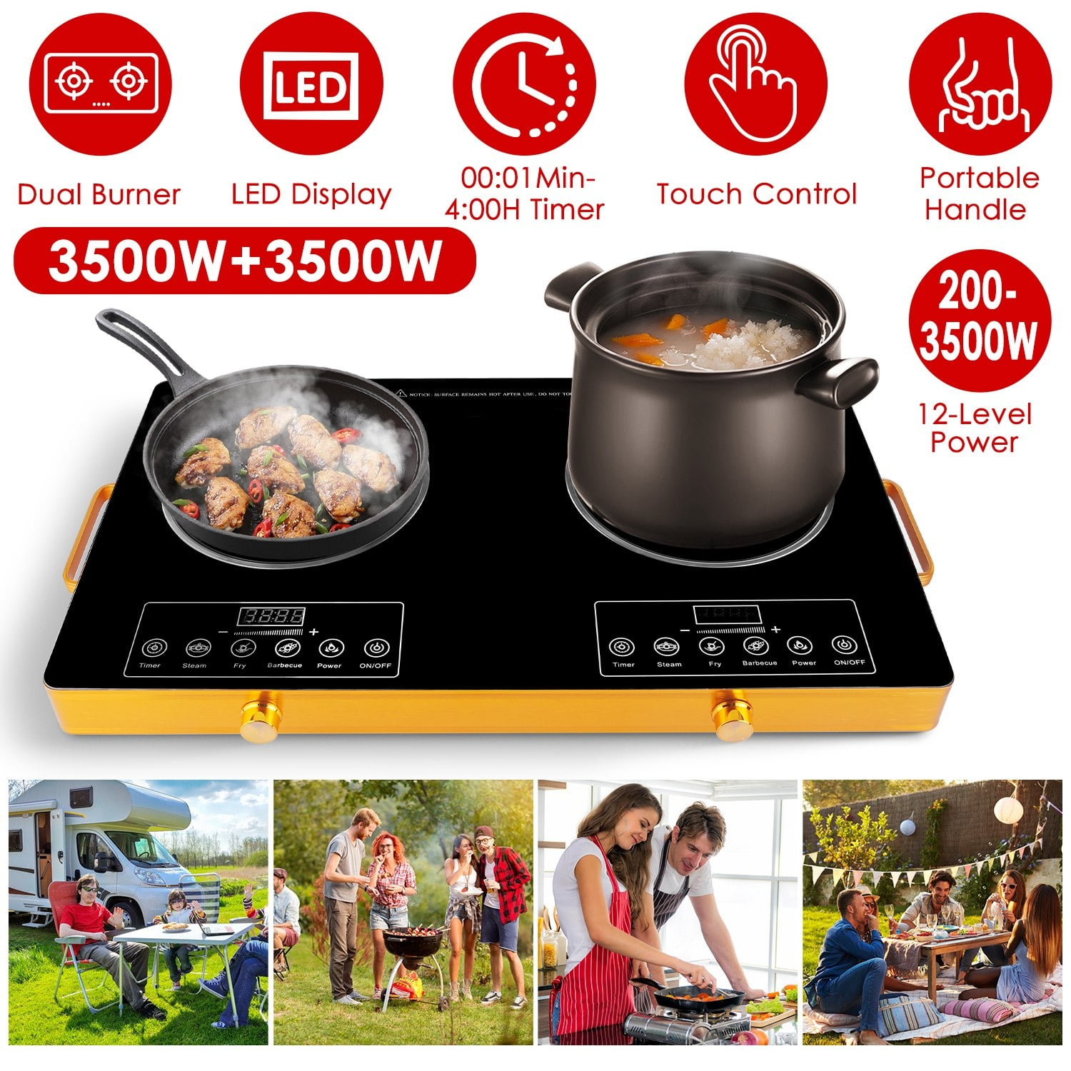 7000W Double Burner Electric Cooktop 110V, 2x3500W Rapid Heating Hot Plate with 4 Preset Modes (Steam/Fry/Barbecue/Power), 11-Level Power Control, Portable Handles & Easy-Clean Glass Surface, Fit All