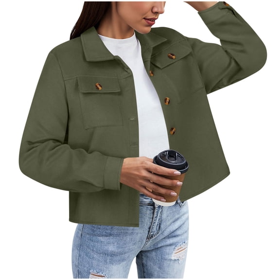 Wensltd Women Solid Color Short Coat Long Sleeve Button Down Outerwear with Pockets Fall Winter Warm Casual Fashion Tops for Women
