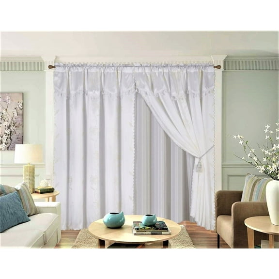 Complete curtain set 8 pieces total wide 120" W X 84" L top rod pocket light filtering 100% privacy panels shiny finish for large window room décor Nada White color