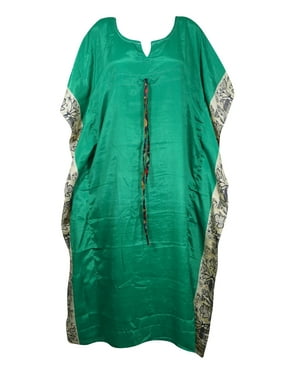 Mogul Women Green Maxi Kaftan V-Neck Printed Kimono Sleeves Resort Wear Housedress Holiday Caftan Dresses 2X