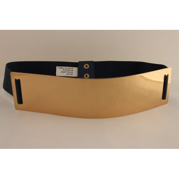 Women Belt Dark Blue Elastic High Waist Gold Metal Big Mirror Plate