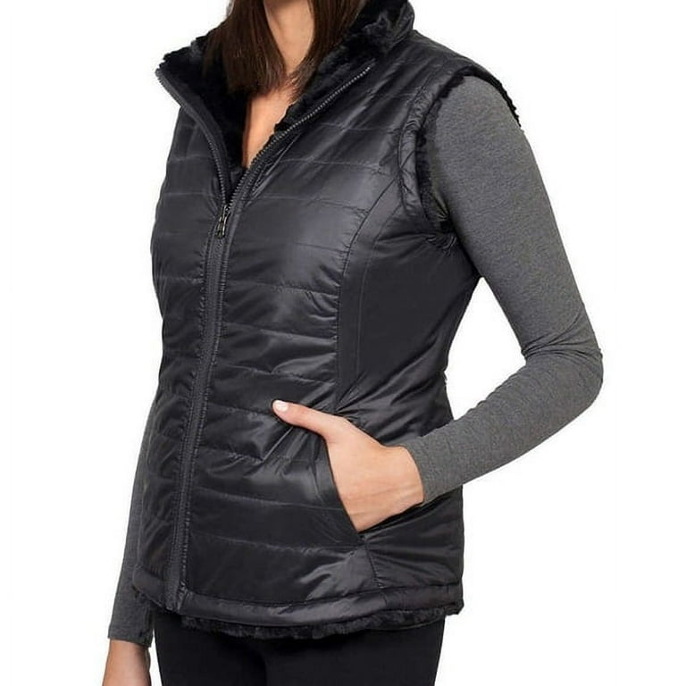 Nicole Miller Women's Faux Fur Reversible Vest, Black Large