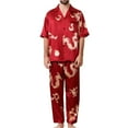 thumbnail image 2 of SWSMCLT Men's Lounge Long Pj Set Satin Pajama Set 2 Piece Pajamas Summer Short Sleeve Button Silky Casual Burgundy Medium, 2 of 4