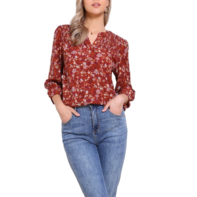 CAMISA FLORAL DE CUELLO EN V INSPIRADA CHIC PARA MUJERES, CON MANGAS 3/4, FRONTAL FRUNCIDO, BOTONES, BLUSA CASUAL DE VERANO TALLA M NARANJA OSCURO