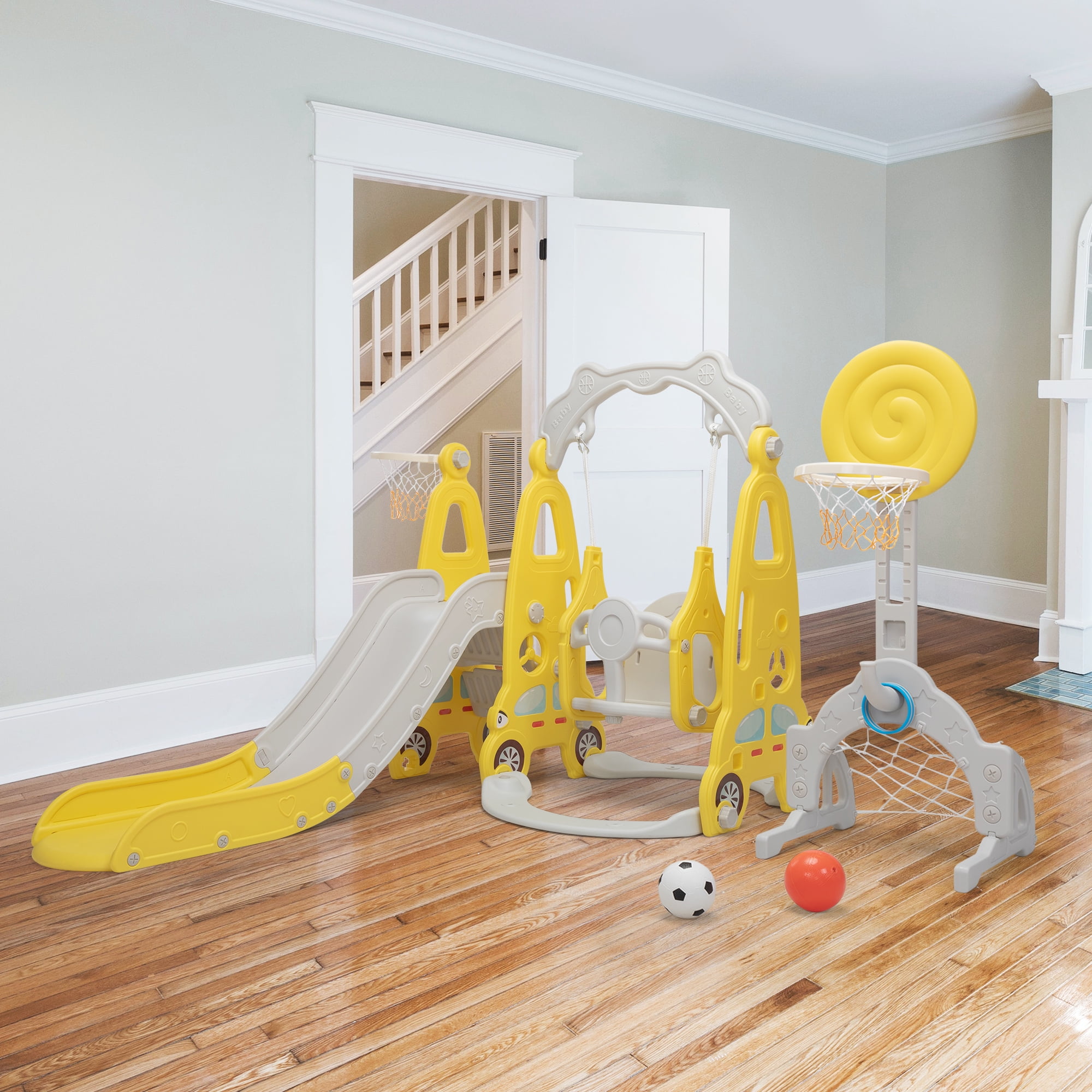 CIPACHO 5-in-1 Toddler Slide and Swing Set, Kids Play Climber Slide Playset w/Basketball Hoop, Soccer Goal, Golf CIPACHO 5-in-1 Toddler Slide and Swing Set, Kids Play Climber Slide Playset w/Basketball Hoop, Soccer Goal, Golf