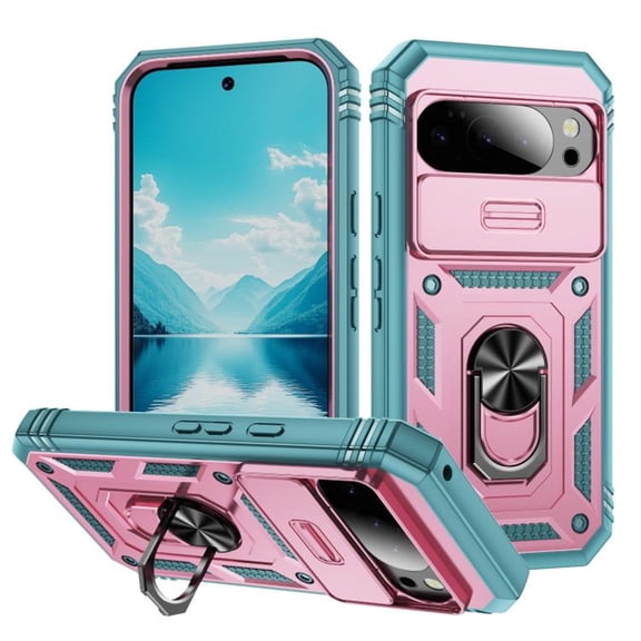 For Google Pixel 11 Pro XL Case, Slide Camera Cover Protective, 360° Rotating Ring Kickstand Shockproof Heavy‑Duty Phone Case,Pink