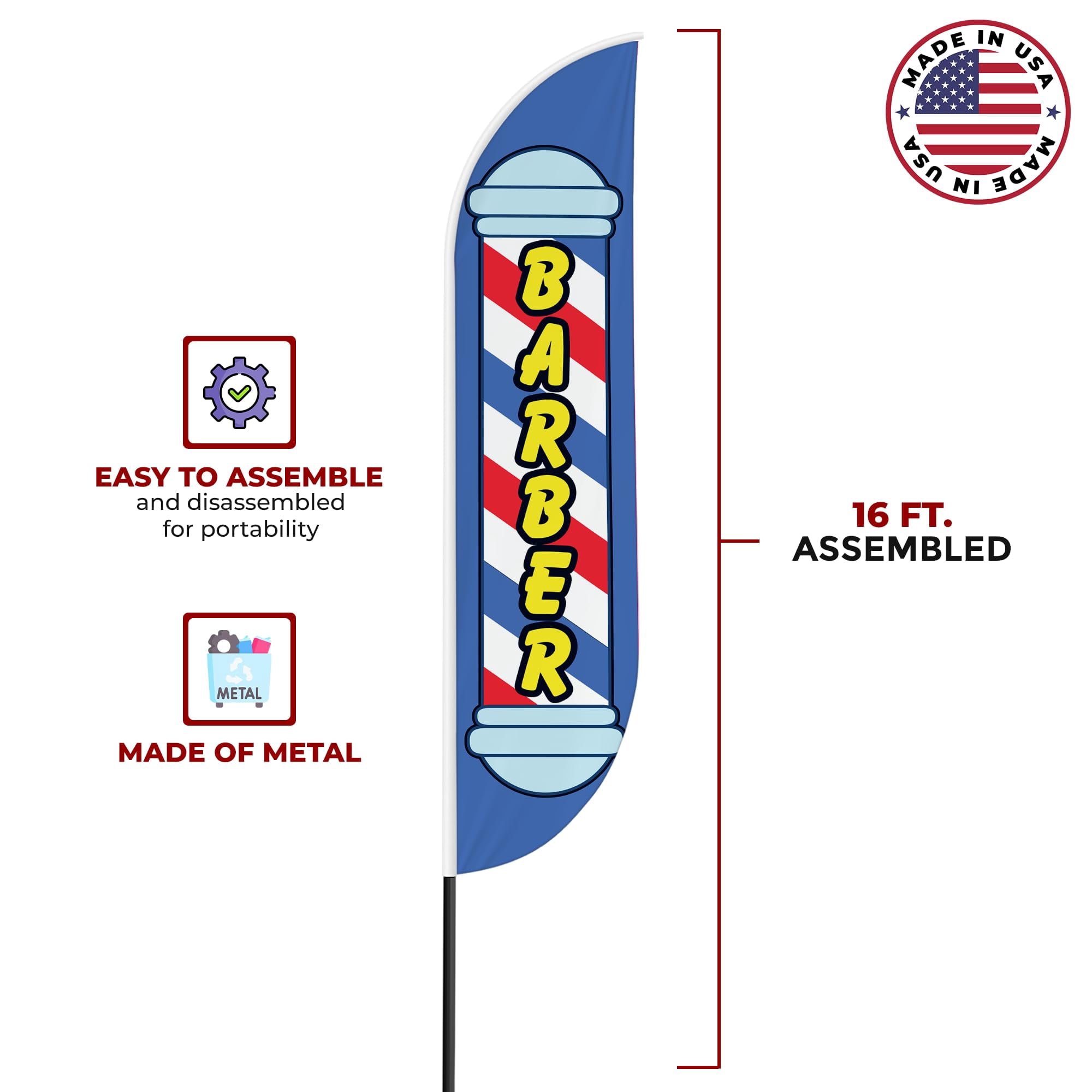 Barber Sign feather flag for Outdoor by Mavis Print | 11.5 FEET Long Polyester Outdoor Banner Flag for Easy Hang | HD Print Swooper I Flag Only for Salon Advertising | Made in USA I Flag Only