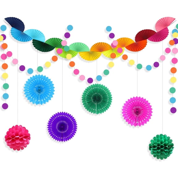 Rianbow Party Decor Colorful 3D Paper Fan Banners Flower Party with Circle Dots Garland Hanging Pompom Paper Polka Dot Streamer for Fiesta Mexican Cinco De Mayo Birthday Baby Shower Party Supplies