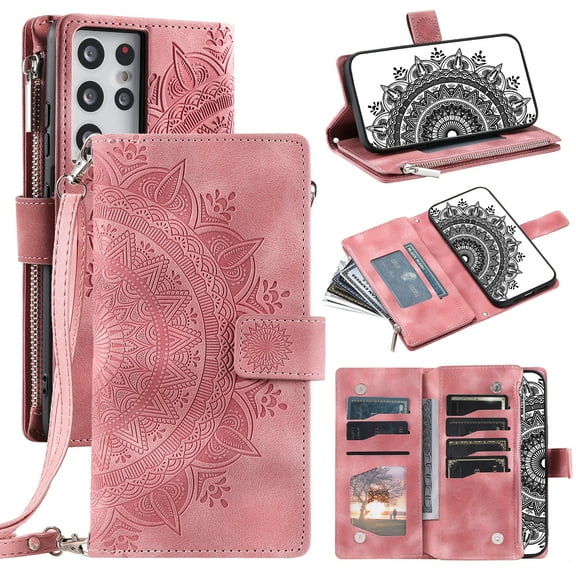 Feishell Zipper Wallet Case for Samsung Galaxy S21 Ultra,for Women Men,Stylish Embossed Pattern PU Leather Multi Card Slots Magnetic Clasp Flip Stand Crossbody Phone Case with Shoulder Strap,Pink