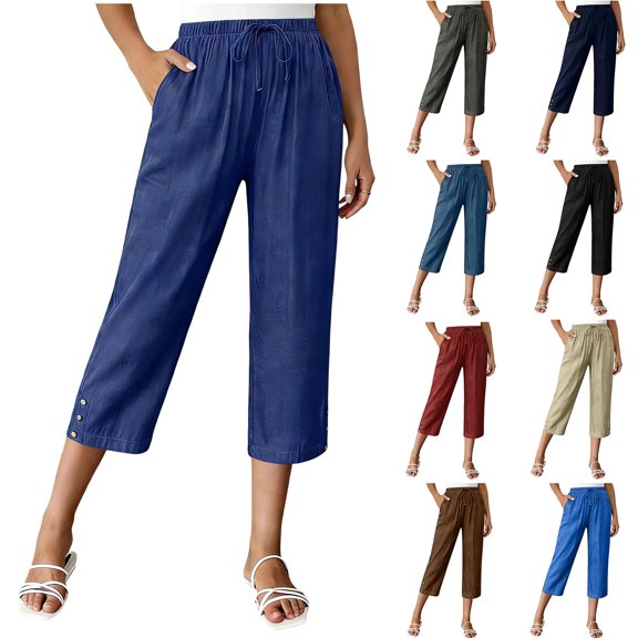 Admvng Women Capri Pants Casual Loose Summer Wide Leg Cotton Workout Ladies Capri With Pockets Size S-2XL
