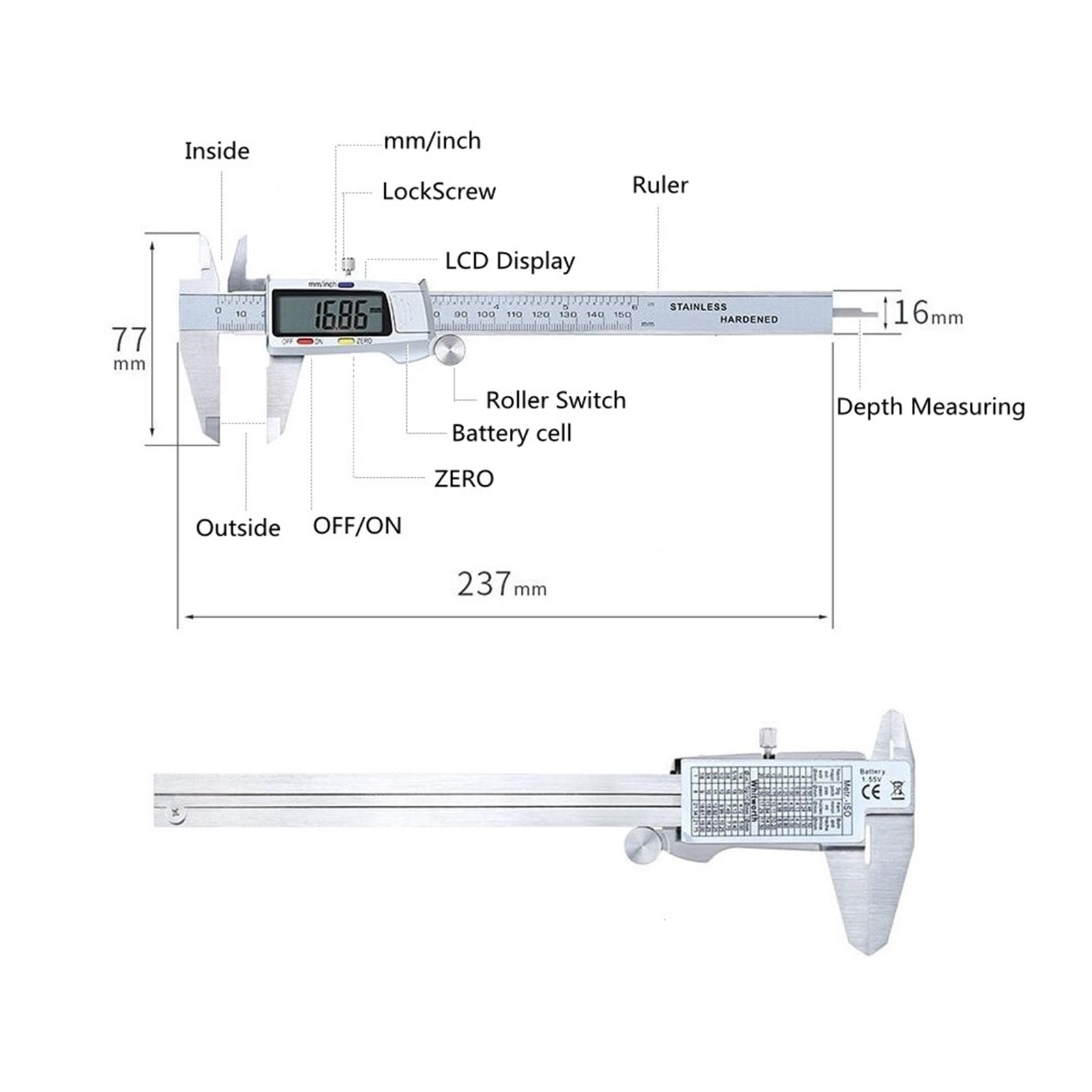 6inch/150mm Vernier Caliper Metal Woodworking Tools Instrumentation Ruler Digital Pachymeter Carpenter Depth Gauge Electronic ,Easy to Use
