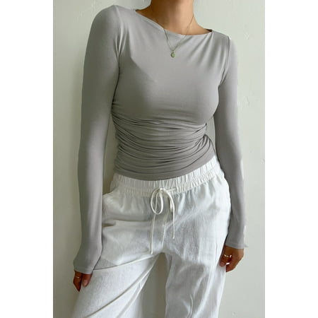 FAROOT Women's Ruched Tops Fashion Long Sleeve Boat Neck Solid