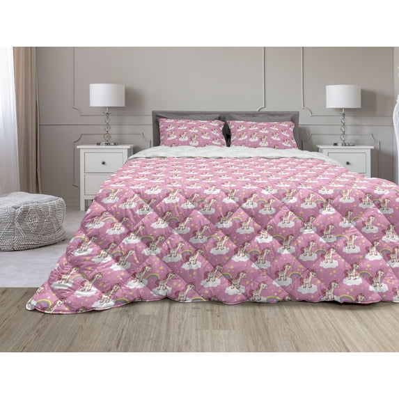 Cartoon Comforter & Sham Bedding Set, Unicorns Standing Clouds Rainbows and Stars on a Pink Skyline Print, 3 pcs Duvet Set Microfiber Filling Quilt, 5 Sizes, Pink Yellow White, by Ambesonne