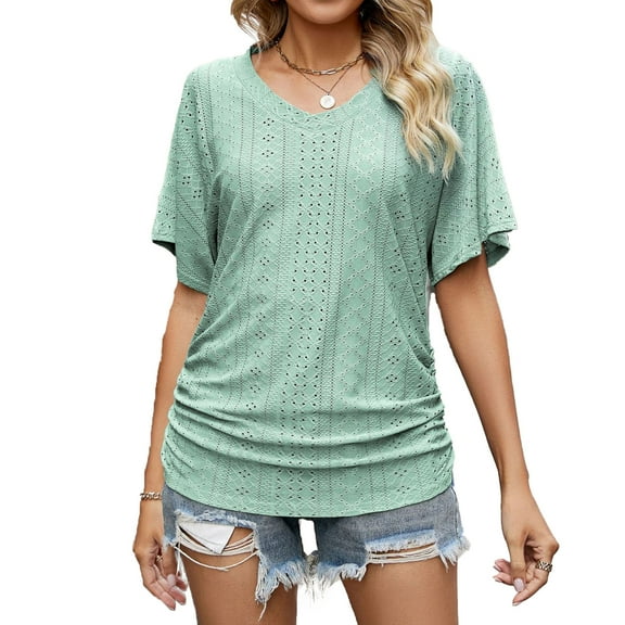 Light Green Women's Summer Top with Ruched Hem, V-Neck, and Short Sleeves - Pure Color Eyelet Shirt - Size L