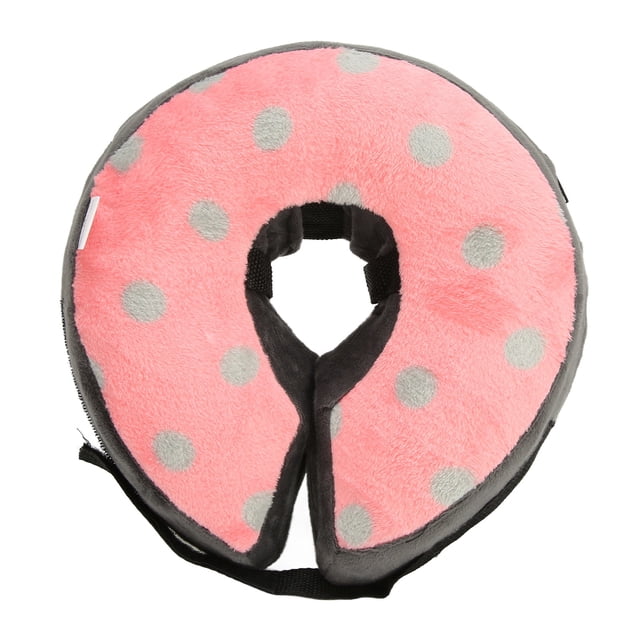 Pet Cone Collar Short Plush Protective Inflatable After Surgery Pet Recovery Collar for Dogs and Cats Pink and Gray Dots L