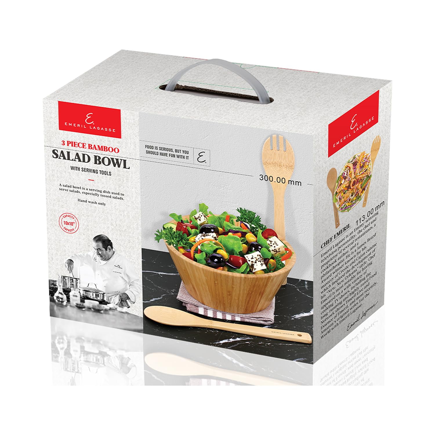 Emeril Lagasse 3-Piece Wooden Salad Bowl Set with Utensils, 10