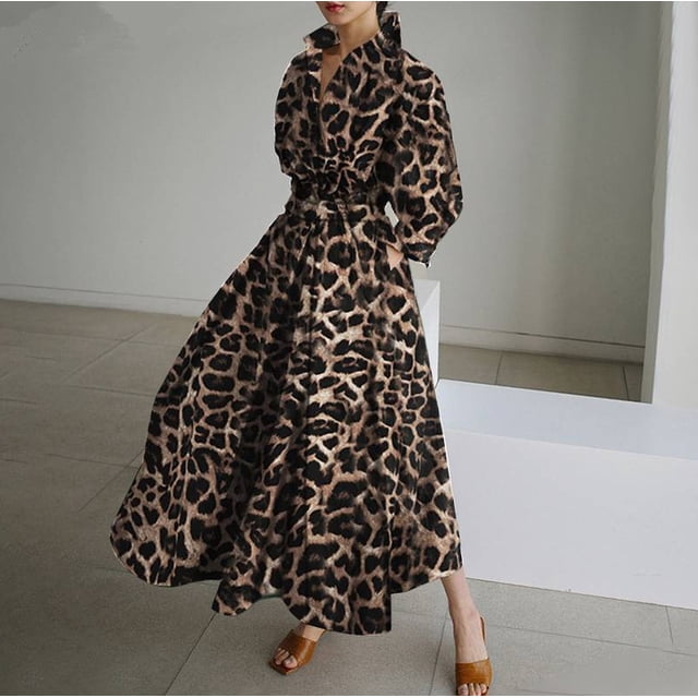 VISgogo Vestido elegante para mujer, color sólido/estampado de leopardo, manga larga, vestido camisero con cintura ceñida, S-XXXXXL VISgogo moda