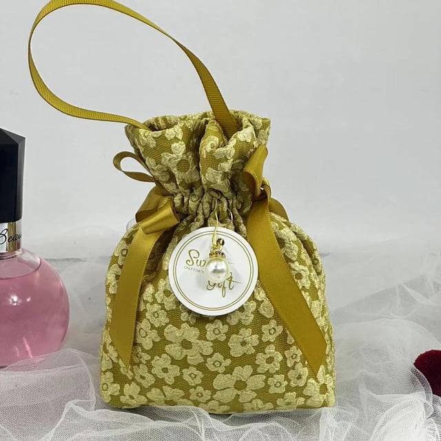 Canvas Floral Drawstring Bag Satin Bow Stripe Bowknot Handbag Large Capacity Korean Style Ribbon Bow Wrist Bag Wedding