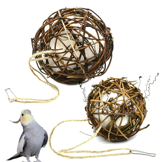Bird Chewing Ball Hanging: 2PCS Vine Cotton Parrot Cage Toy Parakeets Bite Toy featuring two spherical toys made of vine, rope, cotton, and stainless steel. The khaki and green balls come in two sizes: S (8x30cm) and M (10x32cm), designed for small birds like parakeets and parrots to alleviate anxiety and grind teeth. Includes hanging clips for easy cage attachment.