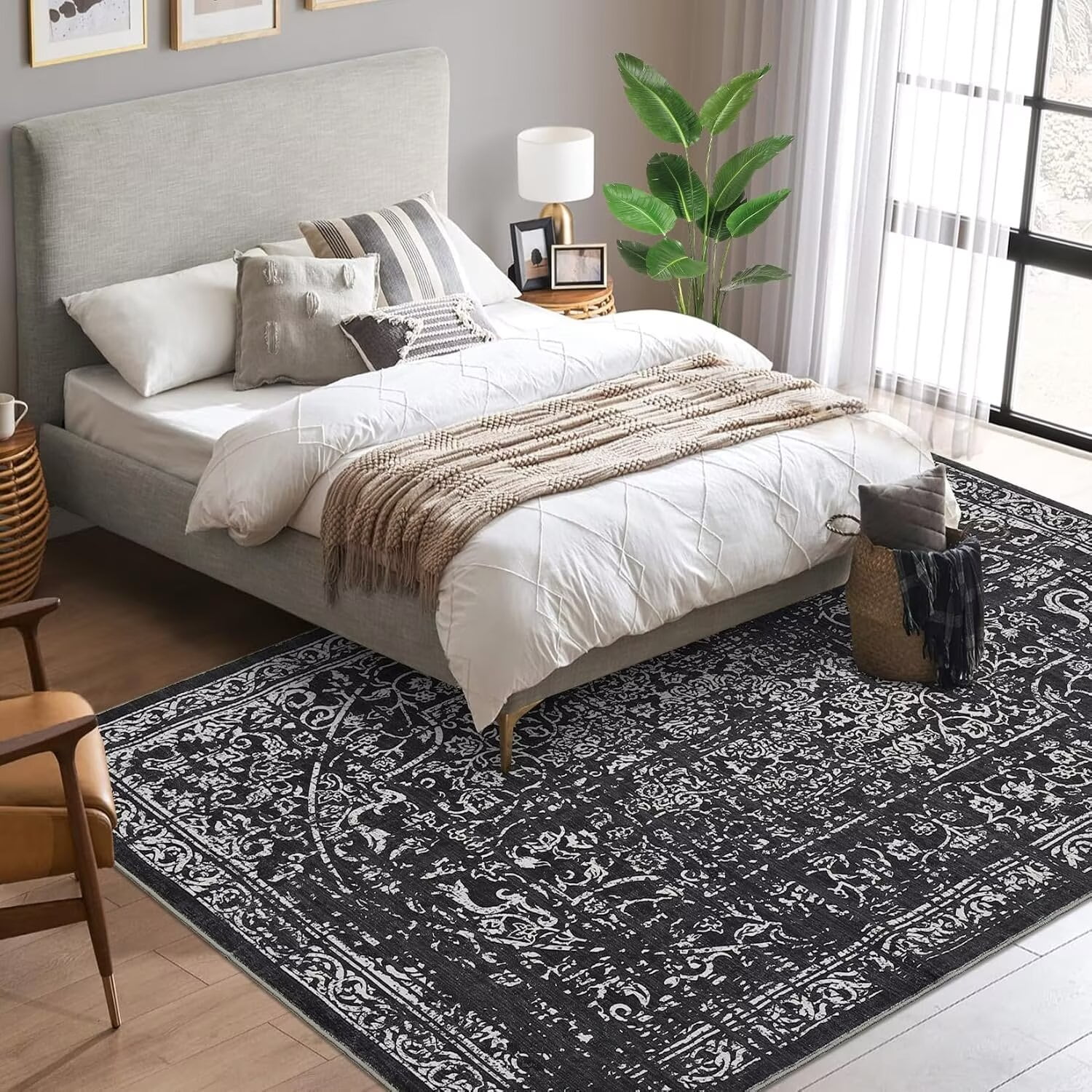 FairOnly 10'x13' Black Area Rugs for Dining Room Vintage Washable Floor Cover Non Shedding Low Pile Carpet for Living Room