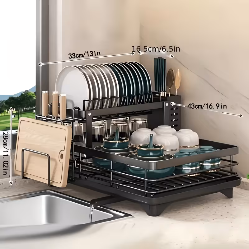 2-Tier Dish Drying Rack with Utensil Holder and Cutting Board Slot, Rust-Resistant Carbon Steel Kitchen Counter Dish Drainer, Large Capacity Organizer for Plates, Cups and Bowls