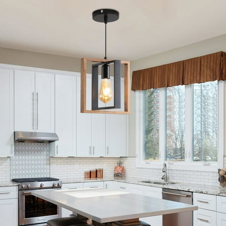 Farmhouse Pendant Light Fixture, Rustic Hanging Light Fixture with Wood Grain and Black Finish