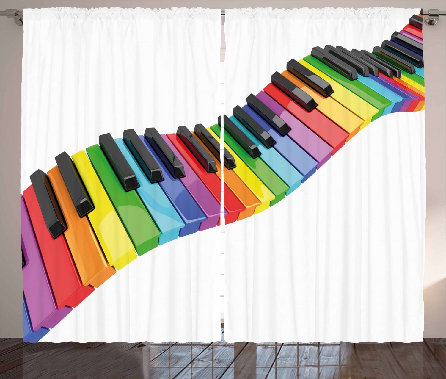 Music Curtains 2 Panels Set, Vibrant Colored Piano Keyboard Wave