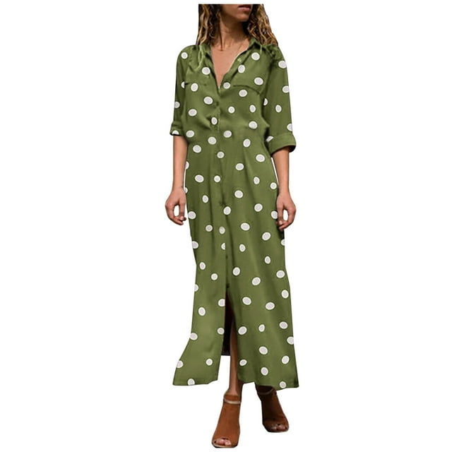 Robes d'Automne pour Femmes 2022 à Col en V à Pois Boutonnées à Manches Longues Robe à Col Décontractée Douce Fluide Robe Midi