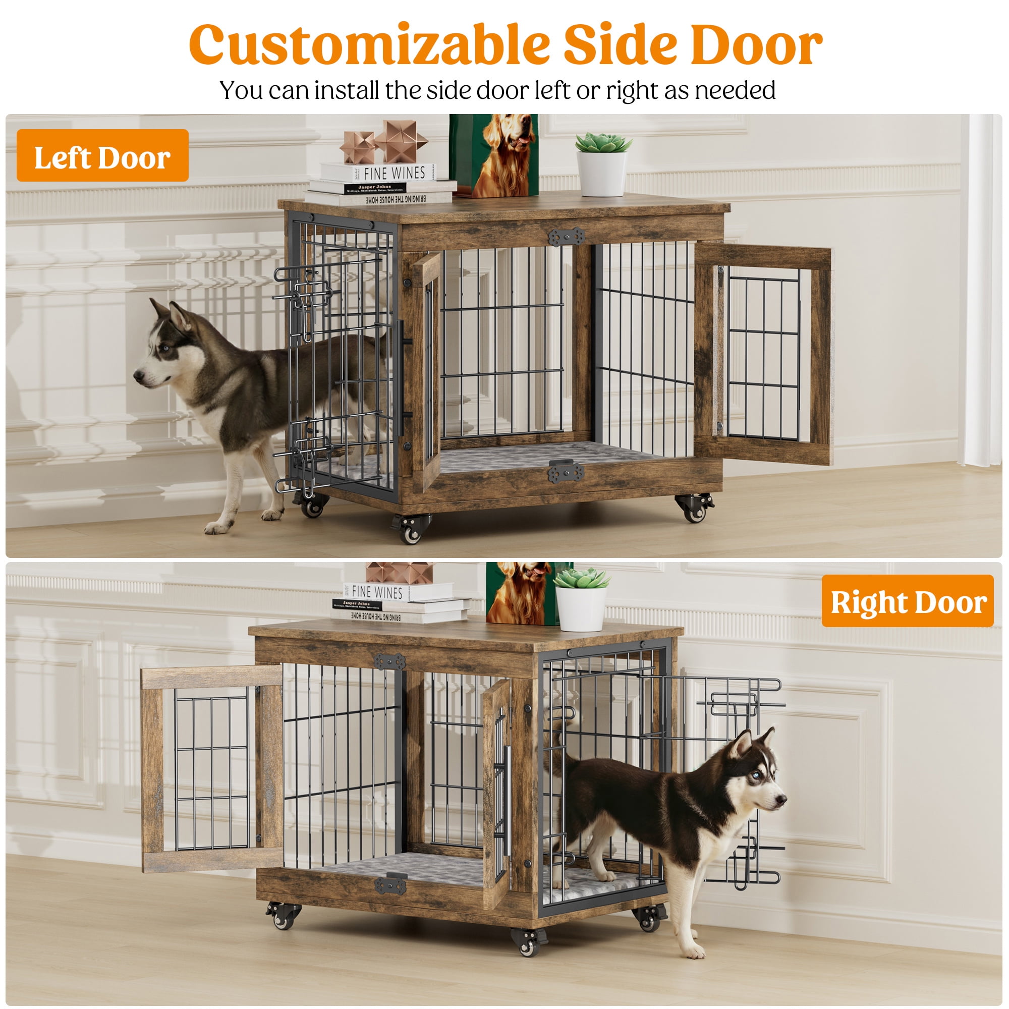 LainTene Wooden Dog Crate Furniture, Double Doors Dog Kennels for Inside with Pads and Wheels, Heavy Duty Dog Cage for Small Dogs, Brown