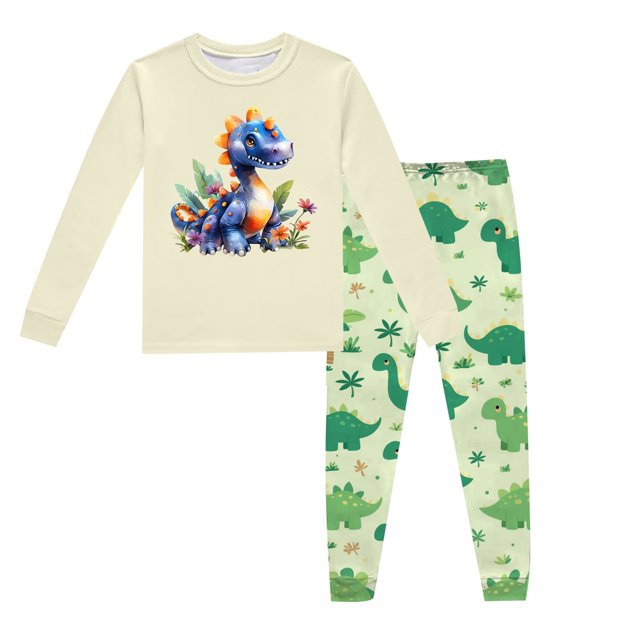 Pyjamas pour Enfants Garçons Ensemble de Pyjama Imprimé Dinosaure Col Rond Manches Longues Pantalon 2 Pcs Printemps Automne Pyjama Bébé Beige 8 Ans-9 Ans