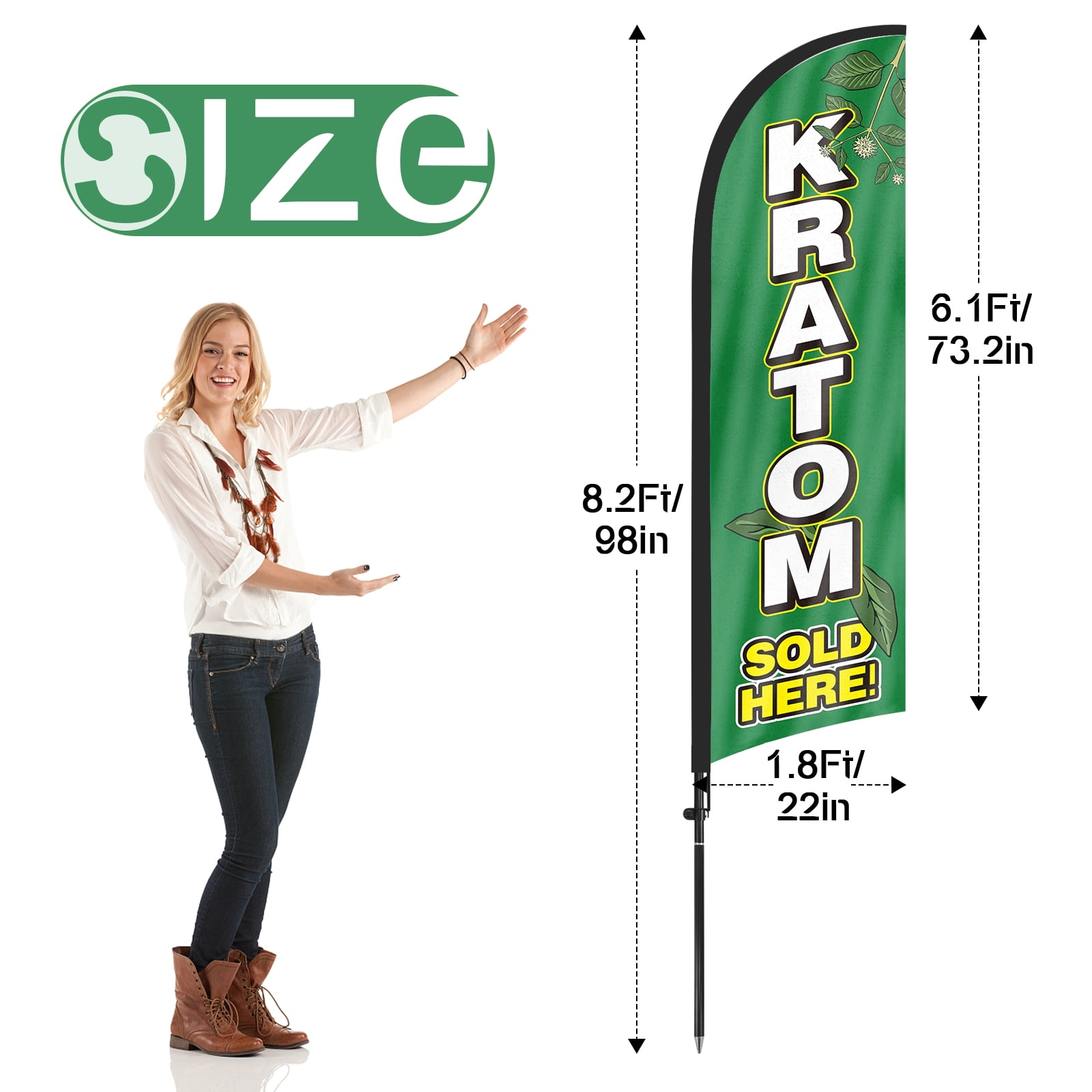 QSUM Kratom Tobacco Feather Flag with Flag Pole Kit and Ground Spike, 8.2FT Kratom Tobacco Windless Flag Banner Sign Business for Outdoor Advertising Sign Decoration Display