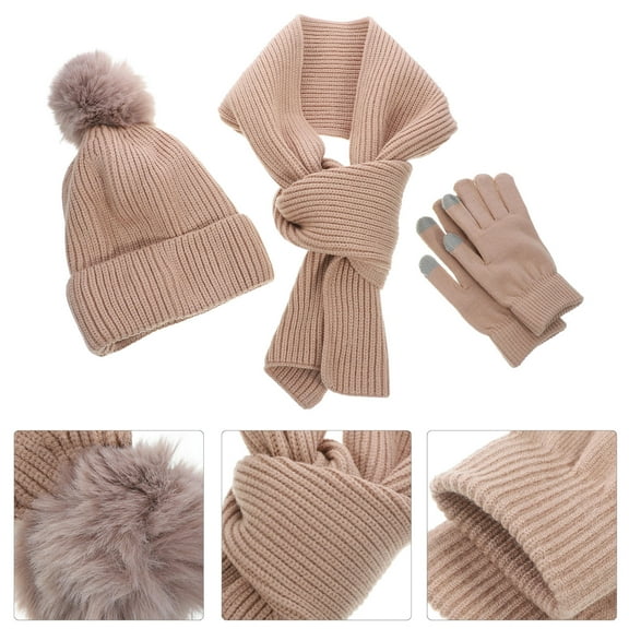 GAXIRE 1 Set Winter Warm Gloves Hat and Scarf Khaki Woolen Yarn for Women Outdoor Activities