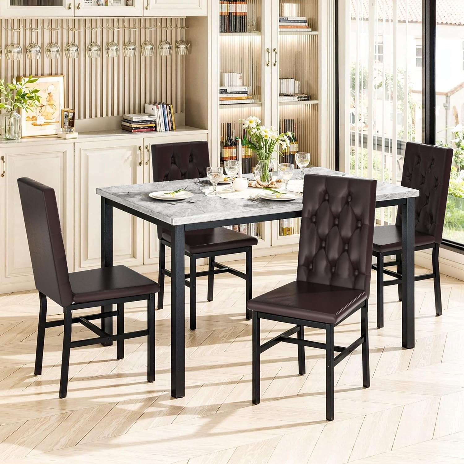 Baxluxe four-person dining table and chair set, marble kitchen dining table and chair set, equipped with leather cushioned dining chairs, suitable for kitchens and restaurants, apartments brown/grey