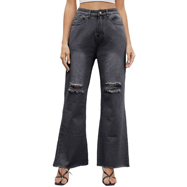 Gibobby Jeans Pantalones de mujer Pantalones de pierna ancha de mezclilla informales de verano para mujer Pantalones vaqueros ligeramente rasgados con corte de bota(Negro,XL)