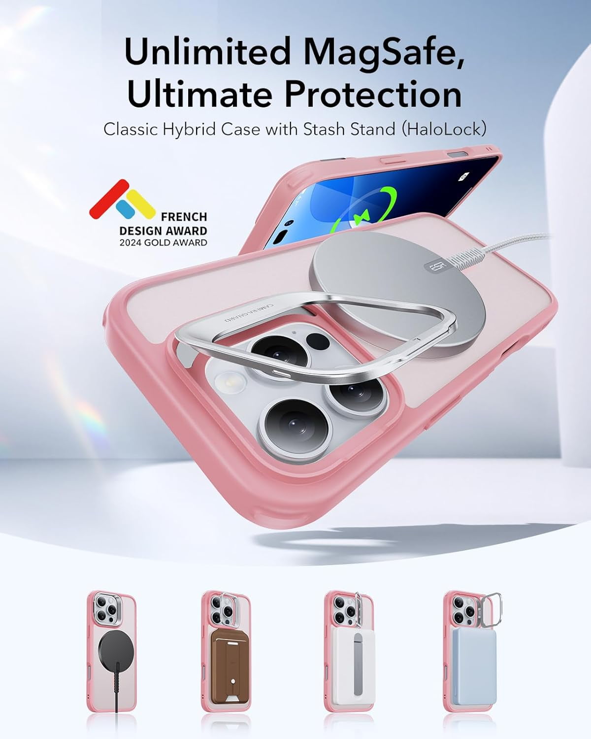 MHAWBL-for iPhone 16 Pro Case, Compatible with MagSafe, Military-Grade Protective Case, Built-in Stash Stand Phone Case, Scratch-Resistant Back Cover, Classic Series, Frosted Pink